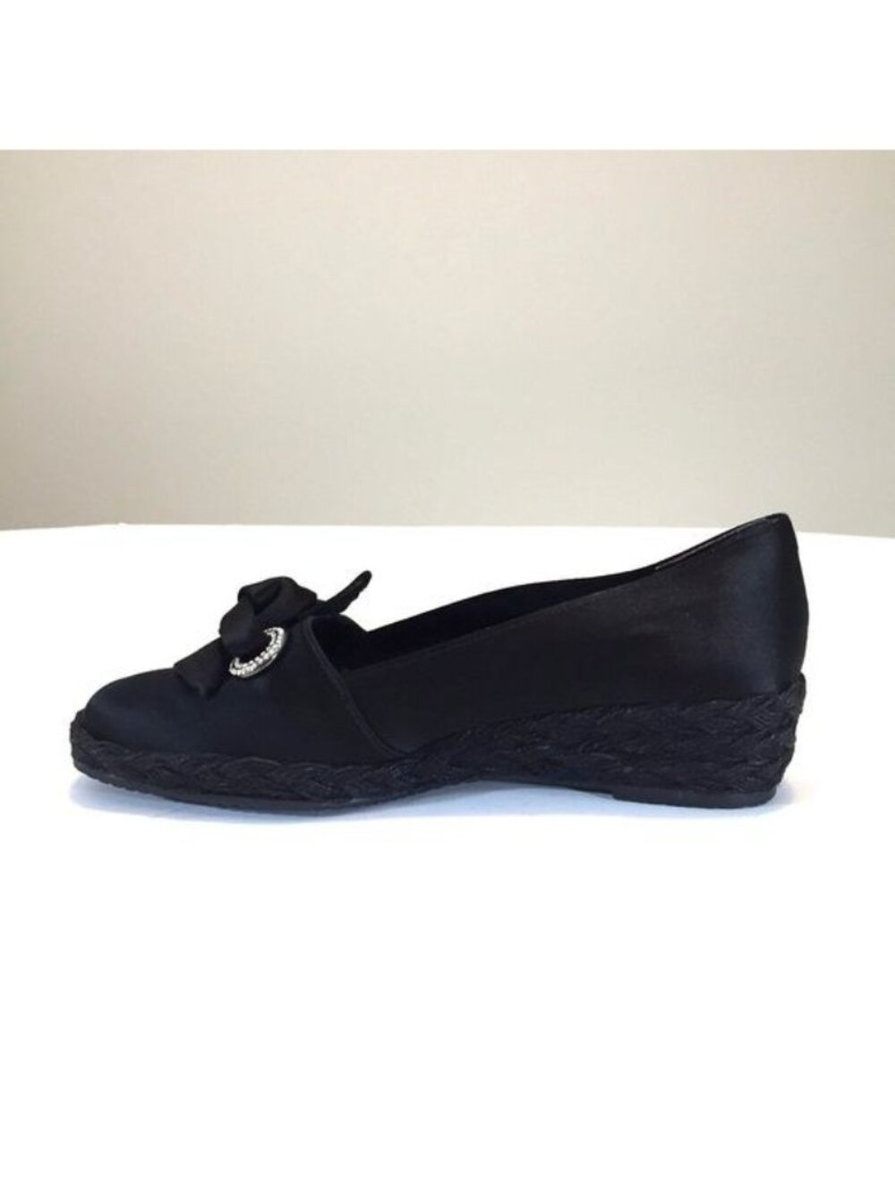 Stuart Weitzman Womens Wedge Espadrille Loafers Black Satin Bow Jewels size 5.5 - Picture 6 of 11
